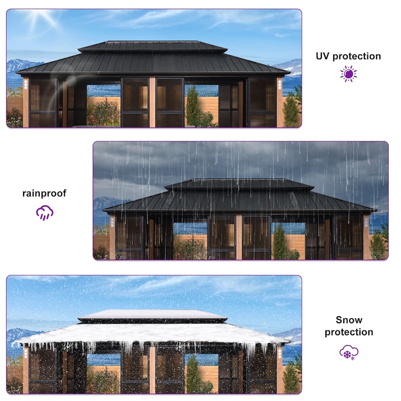PURPLE LEAF Double Top Outdoor Sunroom Screen House Patio Hardtop Gazebo
