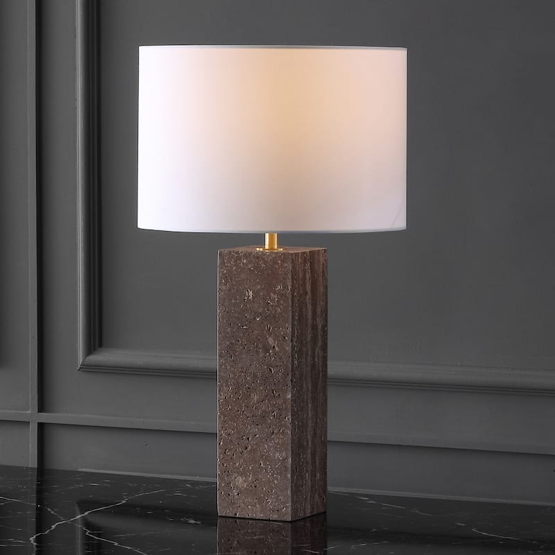 SAFAVIEH Couture Feliciano Travertine Table Lamp - 16"W x 16"D x 26"H - Dark Brown/White