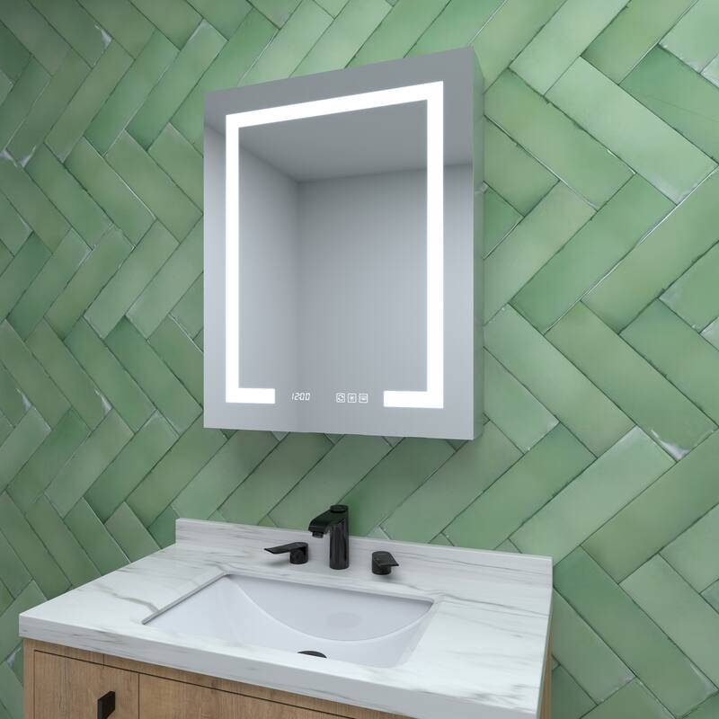 GDFStudio - Delmar Modern Aluminum LED Lighted Medicine Cabinet with Mirror Anti Fog and Digital Clock