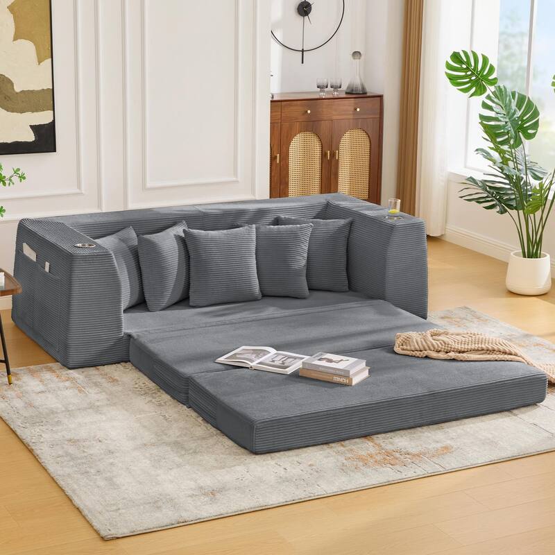 2 in 1 Convertible Sofa Bed, Sleeper Sofa with Storage Pockets, Pull Out Loveseat Couch with Two Cup Holders