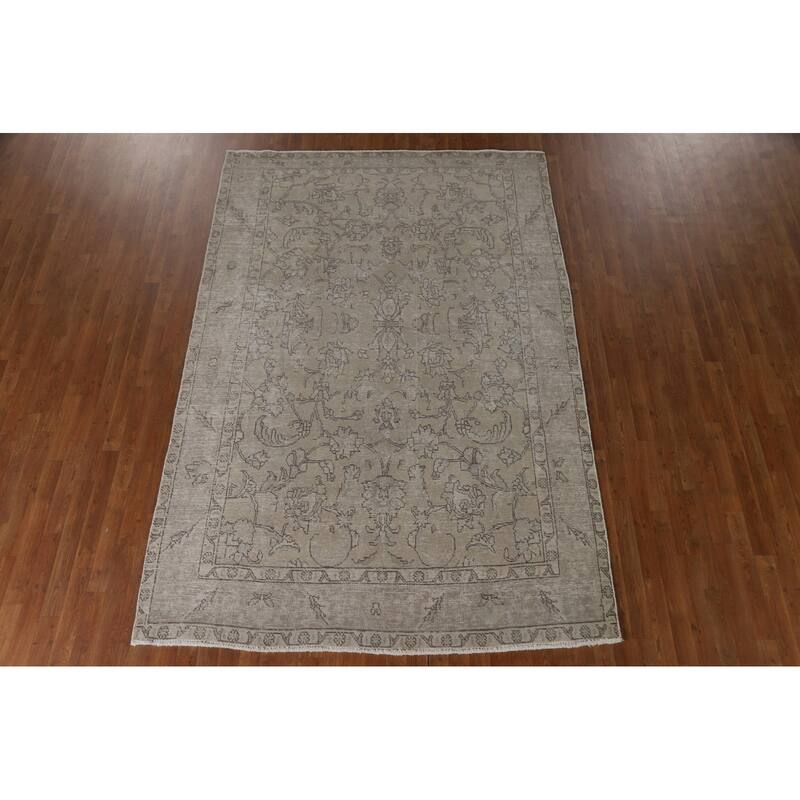 Distressed Beige Tabriz Persian Vintage Rug Handmade Wool Carpet - 6'6"x 9'7"