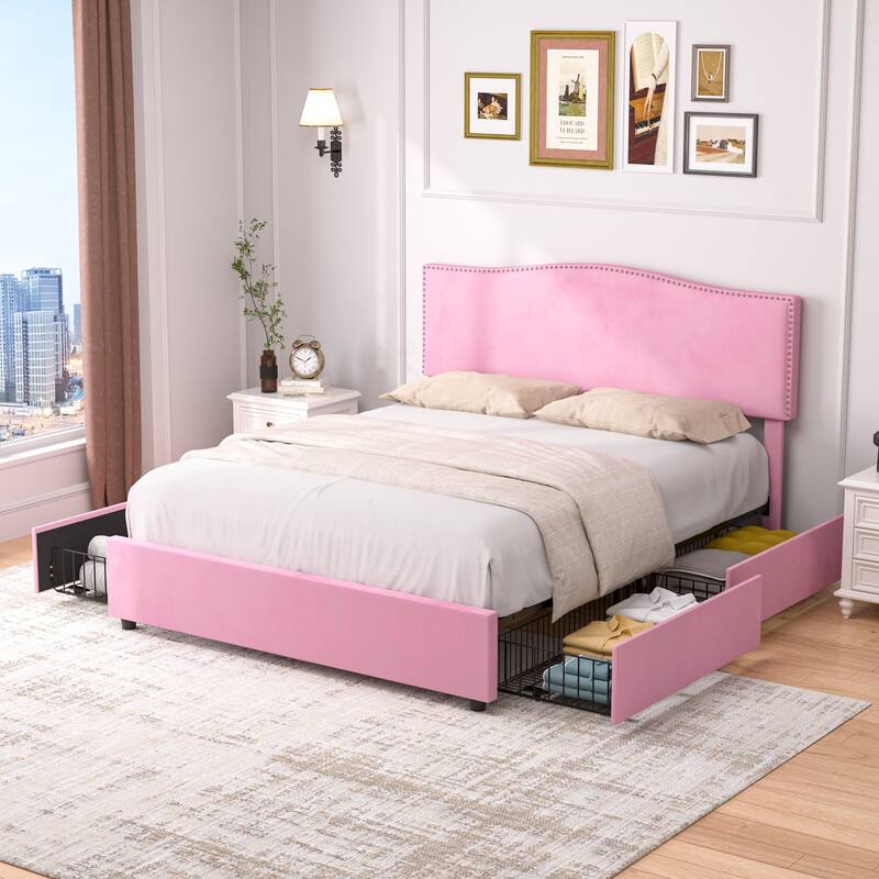 VECELO Upholstered Bed Frame with 4 Storage Drawers Full Queen Heavy Duty Platform with Adjustable Linen Headboard