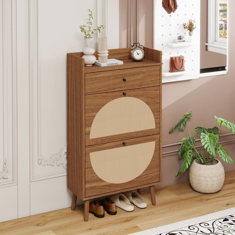 Roomfitters Rattan Shoe Cabinet with Drawer, 2 Door Slim Shoe Storage Rack, Entryway Organizer