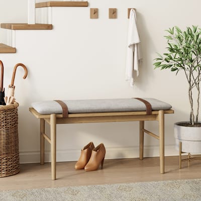 Nathan James Gugan Mid-Century Light Brown Bench with Removable Ivory Cushion for Bedroom and Hallway