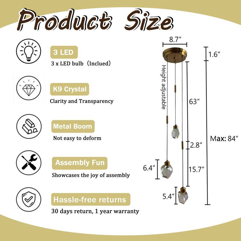 9'' Modern 3-Light Diamond Shape Crystal Cluster Integrated LED Pendant In Antique Gold Round Ceiling Lamp - W9''