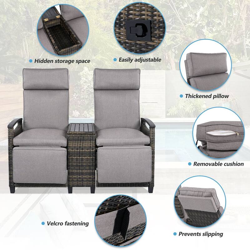Outdoor Adjustable Recliner Loveseat with Acacia Wood Armrests, Built-In Storage Table, and Comfortable Cushions for Patio