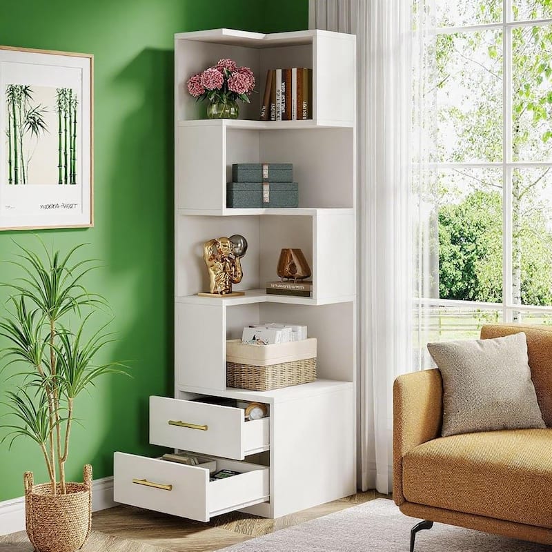 White 5-Tier Corner Bookshelf with 2 Drawers L-Shaped Storage Shelf for Living Room Bedroom Office - 19.69" x 19.69" x 66.93"