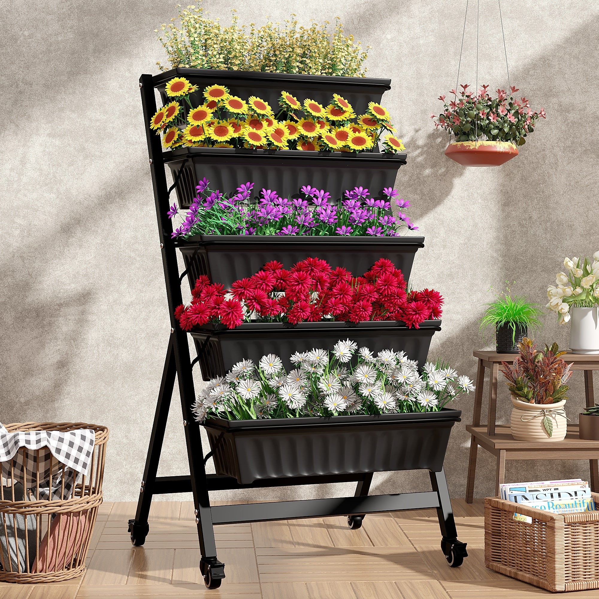 VECELO 5-Tier Rolling Plant Stand with Wheels Black Metal Tiered Plant Shelf with Removable Trays for Indoor Outdoor Garden Use