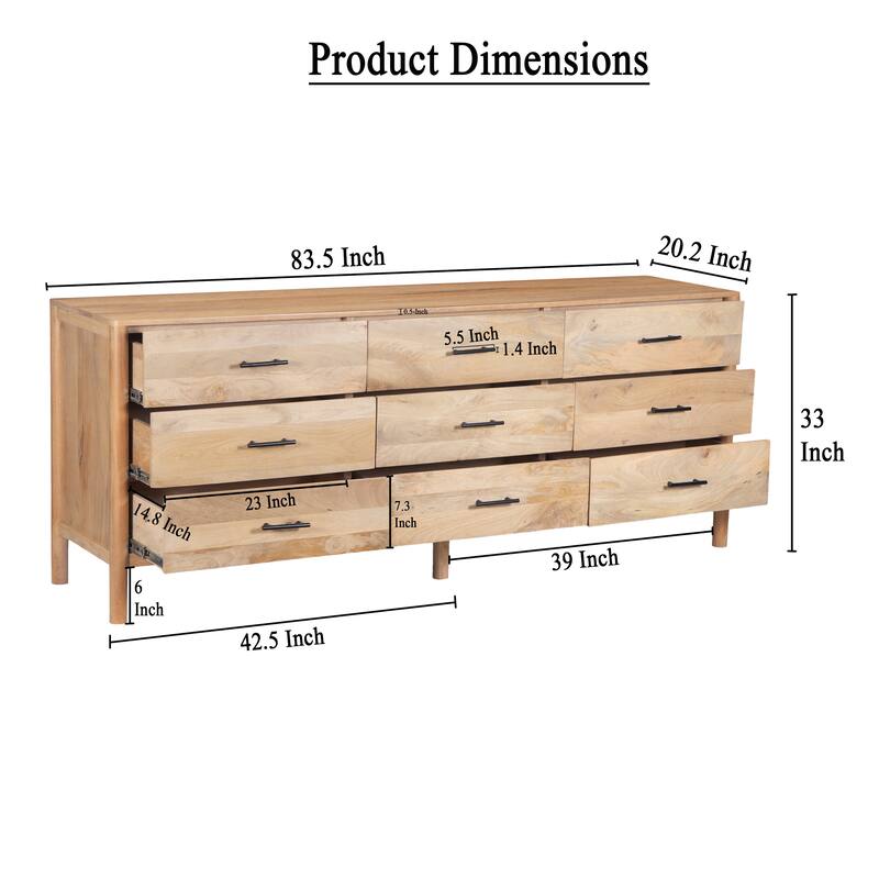 Geti Dresser 9 Drawers, 84 Inch Wide, Handcrafted Natural Oak White Mango Wood,