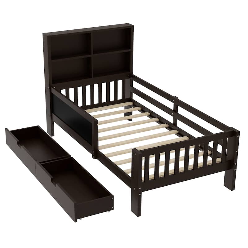 Childlike Fun Solid Wood Low-profile Platform Bed Storage Bed Frame with Side Chalkboard, Open Shelves, Drawers and Guardrails