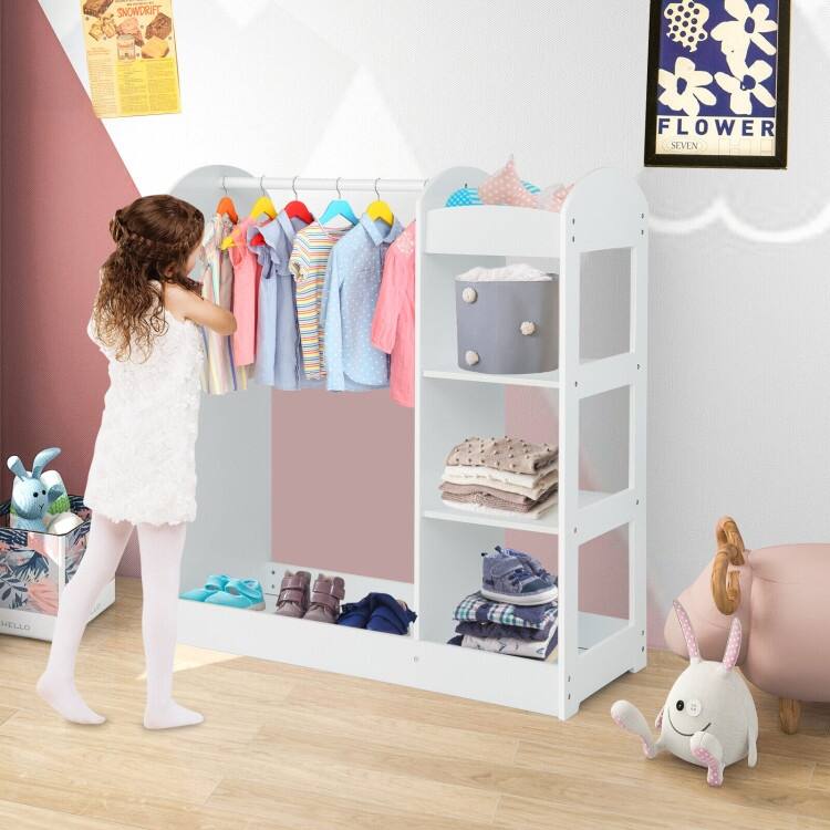 Kids Dress-Up Armoire with Mirror & Storage Wooden Costume Closet Organizer for Toddlers