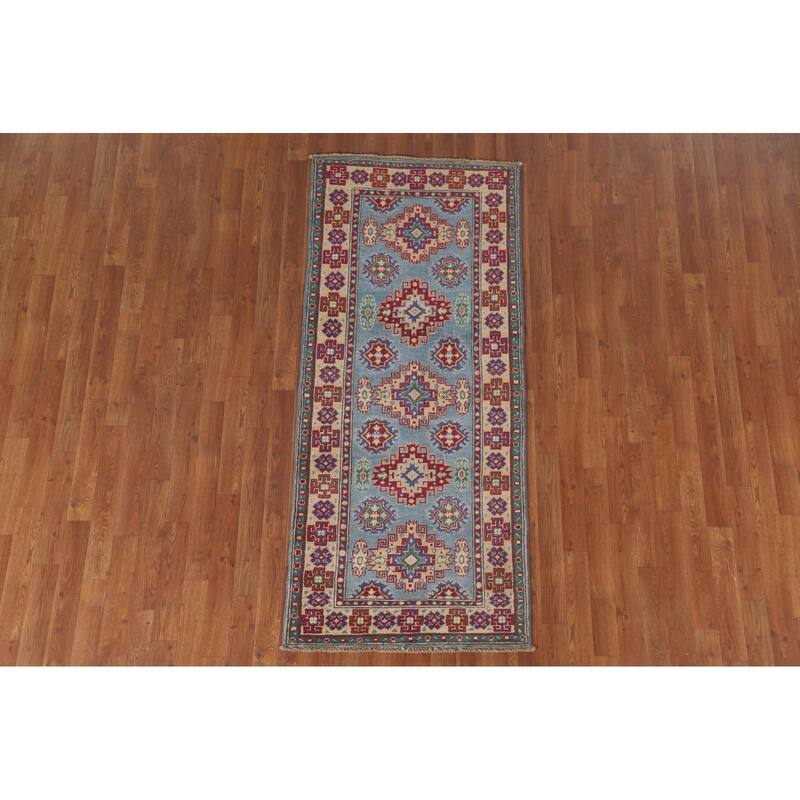 Hand Knotted Oriental 100% Wool Carpet Traditional Geometric Navy Blue & Blues Kazak Area Rug - 6' 4'' X 2' 9''