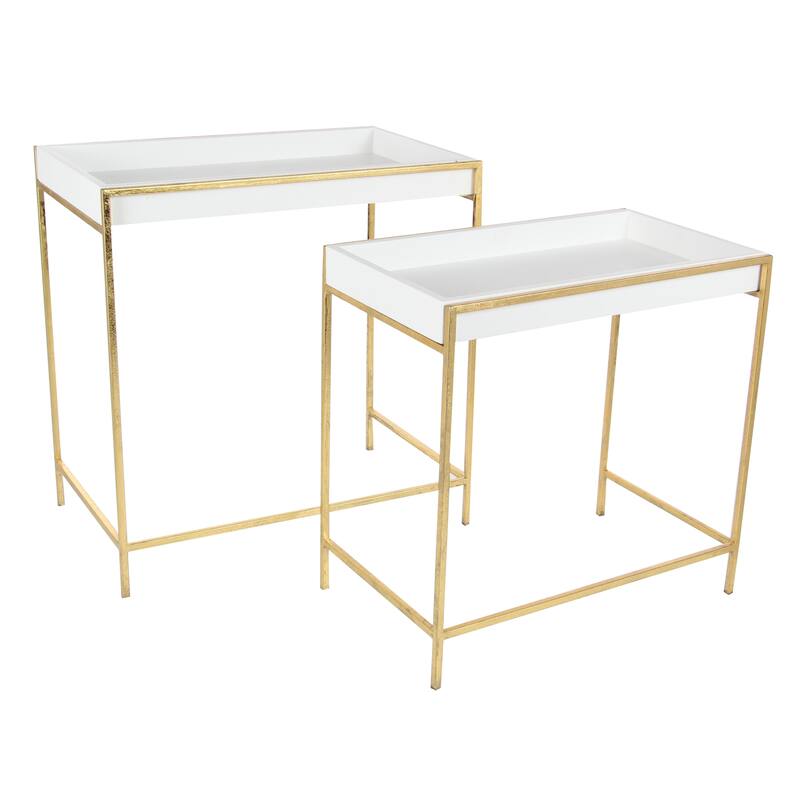 Wooden Geometric Nesting Tray Top Accent Table with Gold Metal Legs - Set of 2 White - Roche River Decor - White - 22", 20"W