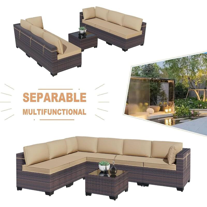 7-Piece Patio Furniture Set, Wicker Outdoor Seatings Conversation Sofa with Side Table - 7-Pieces
