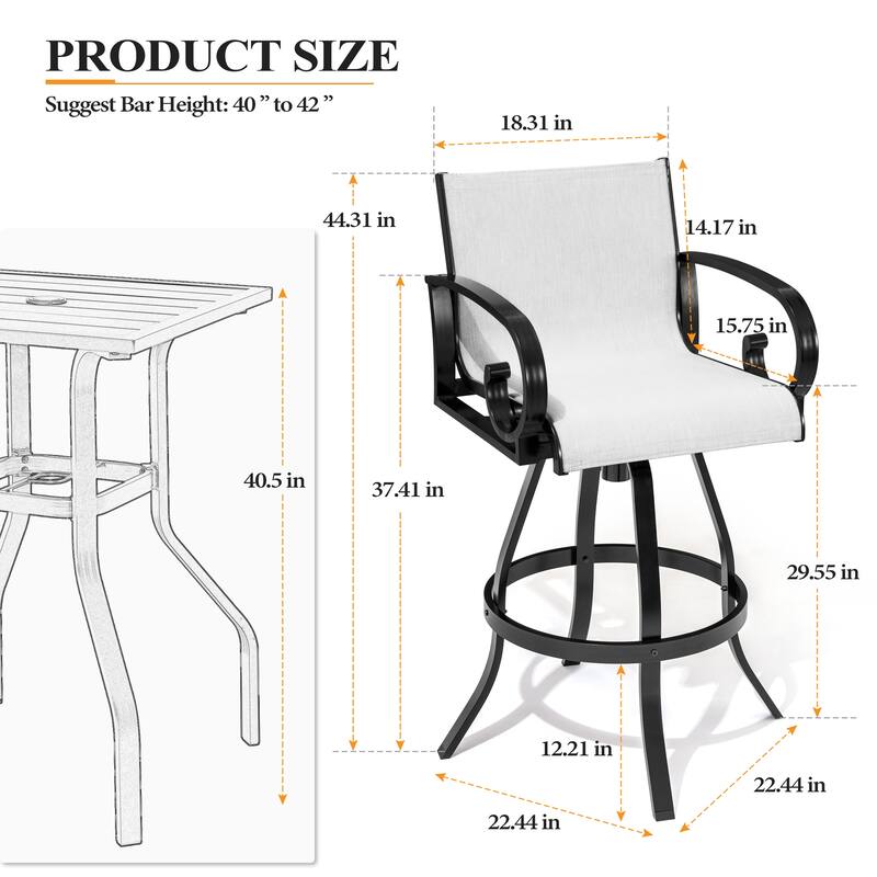 Outdoor Aluminum Swivel Barstool (Set of 2) Sunbrella Textilene Sling for Patio Deck - See Picture