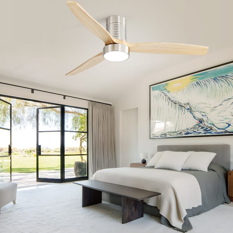 52 Inch Flush Mount Wood Blades White Ceiling Fan Reverse Airflow,6 Wind Speed,Remote Control