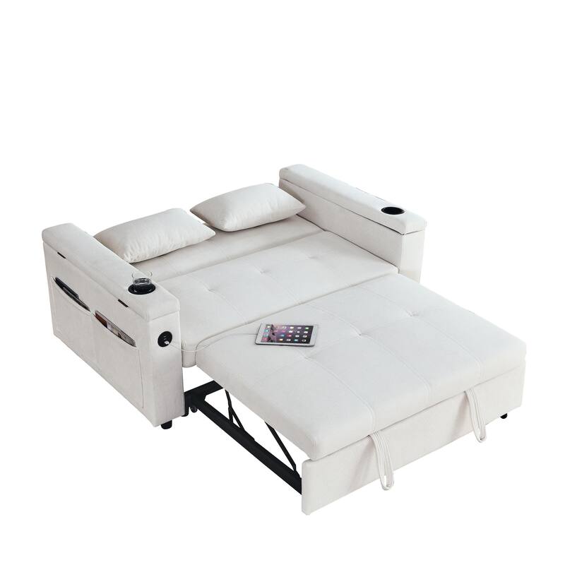 Chenille Pull-Out Sleeper Loveseat Bed Adjustable Backrest Tufted Futon Sofa with 2 Pillow and USB Ports, Pockets