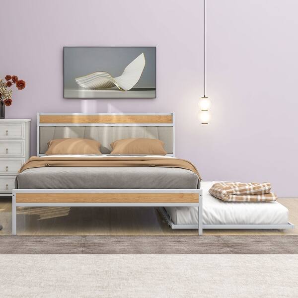 slide 2 of 15, Metal Frame Platform Low Profile Queen Bed wTrundle, Headboard, White White - Queen