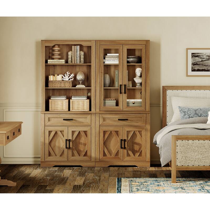 5 Tier Bookcase with Barn Door,73.3" Tall Open Storage Bookshelf - Walnut Oak