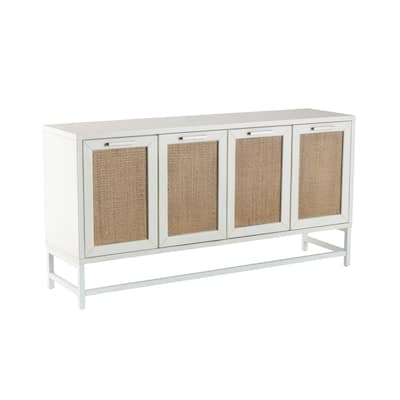 Wooden 4 Door Sideboard with Brown Woven Rattan Doors and Metal Base - White - Roche River Decor - 16"W x 60"L x 31"H