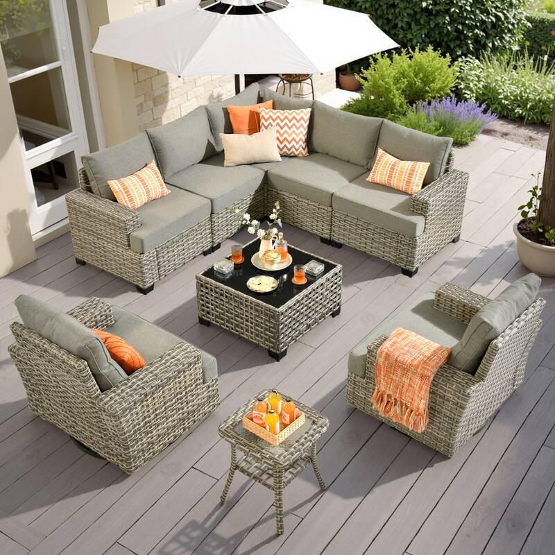 HOOOWOOO 9-piece Patio Wicker Sofa Swivel Chair Sectional Set - Dark Grey