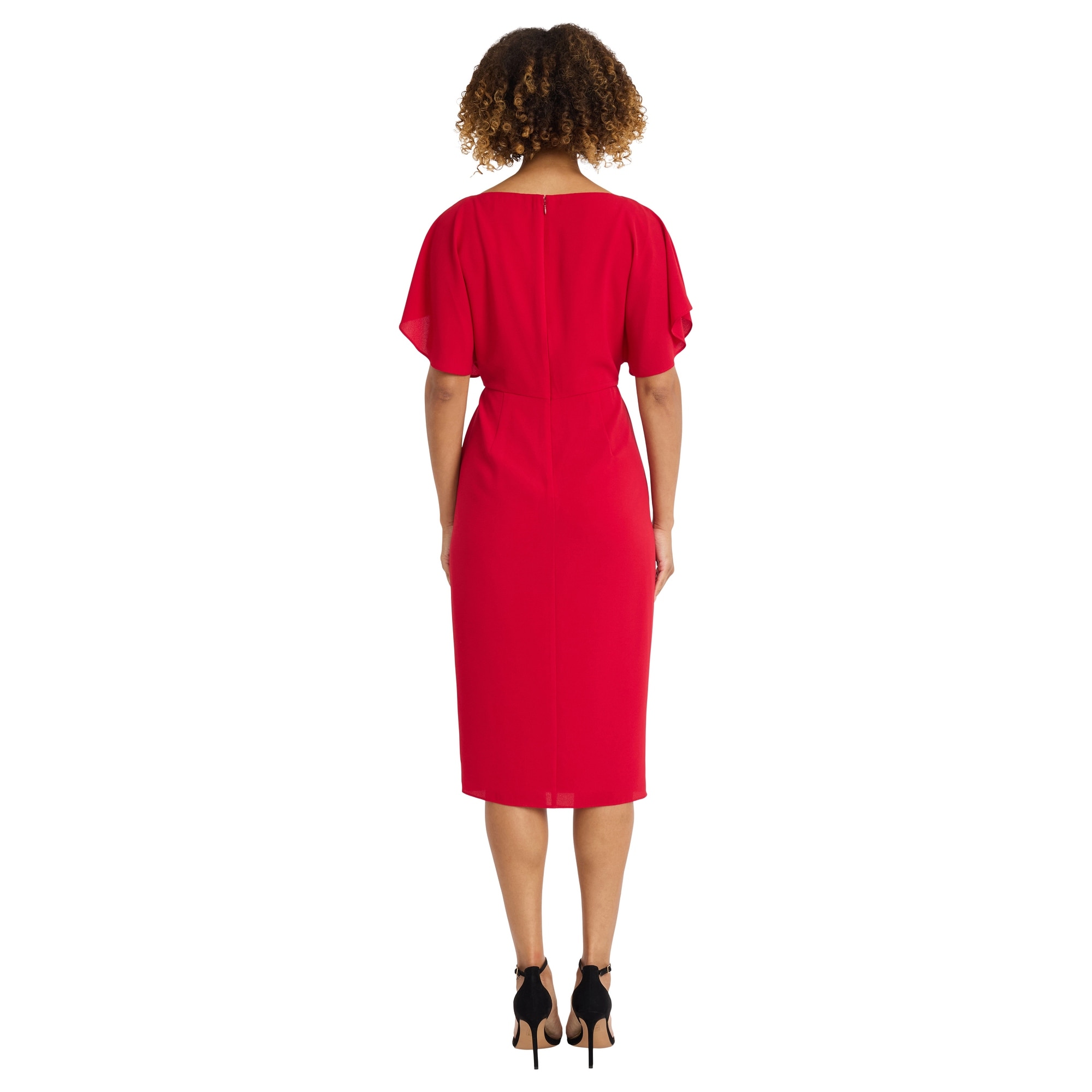 maggy london cocktail dresses V-NECK MIDI DRESS  This dress is lined in 100% Polyester and has a center back zipper closure Maggy London Crew Neck Flutter