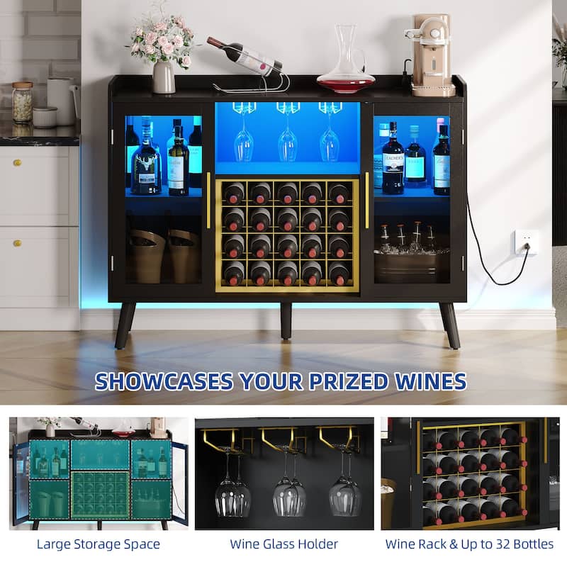 Moasis 20-Bottle Glass Door Wine Rack Table with Power Outlets and Wine Glass Holder