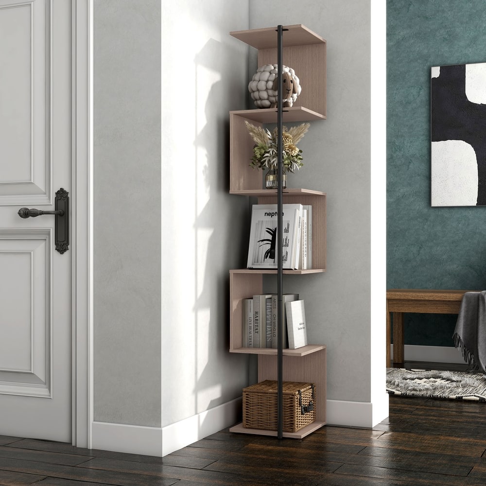 247 Shop At Home Modern 5 Tier Open Back Corner Bookcase, Display Bookshelf with Cylinder Metal Leg Post