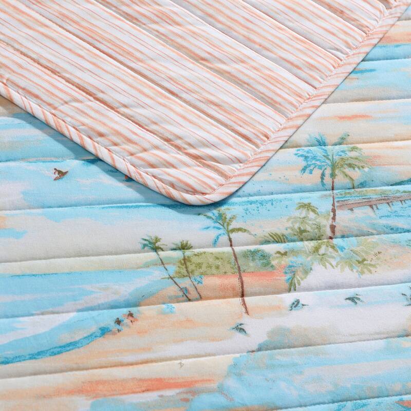 Tommy Bahama Bon Voyage Tropical Island Reversible Cotton Quilt (Blue, 3 Piece Set)