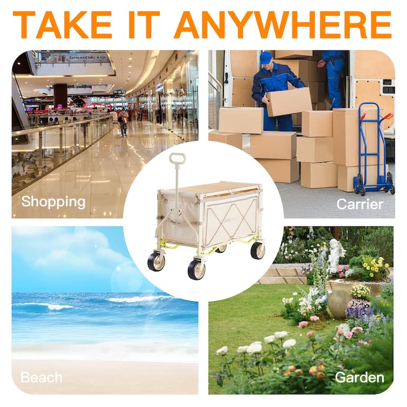 Foldable Camping Cart with Adjustable Handle, Bamboo Tabletop, Foldable storage, and Waterproof Oxford Canopy