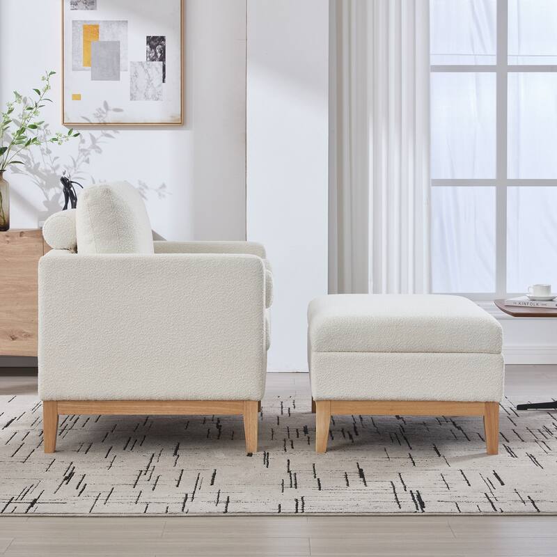 Upholstered Wood Base Square Accent Arm Chair with Ottoman