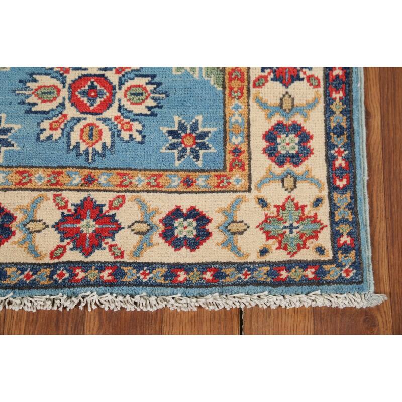 Light Blue Geometric Kazak Accent Rug Hand-Knotted Wool Carpet - 2'1"x 2'10"
