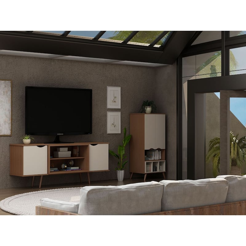 Hampton Mid Century Modern Wood 62.99 In. Media Cabinet Console - Off White and Maple Cream