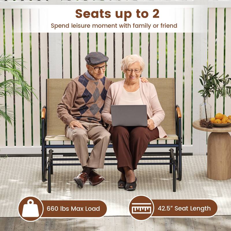 Black Brown Metal Glider Bench with Teak Armrests and 2-Person Seat - 29" L x 45" W x 33" H