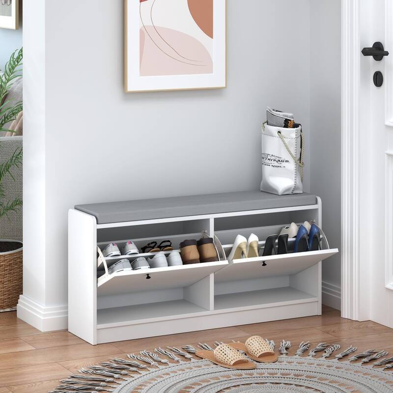 Anmytek White Storage Bench with Hooks Entryway Shoe Organizer and Living Room Seating