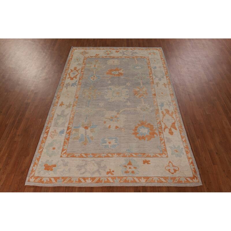 Blue Oushak Turkish Area Rug Handmade Vegetable Dye Wool Carpet - 6'1" x 11'6"