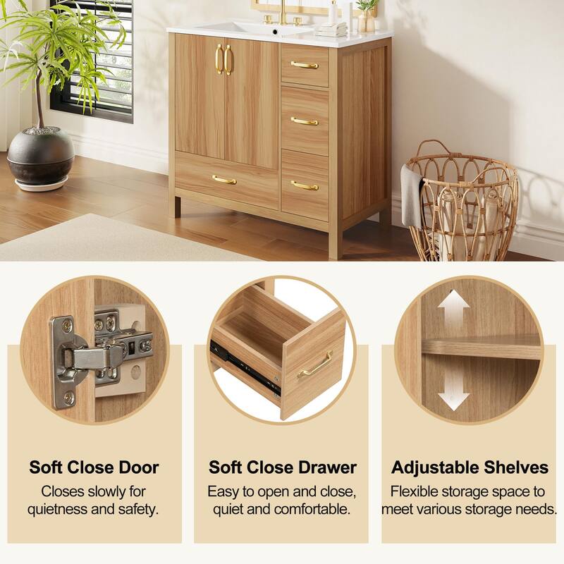 36" Wood Bathroom Vanity with Solid Wood Frame, 2 Soft Close Doors, 4Soft Close Drawers, Adjustable Shelf