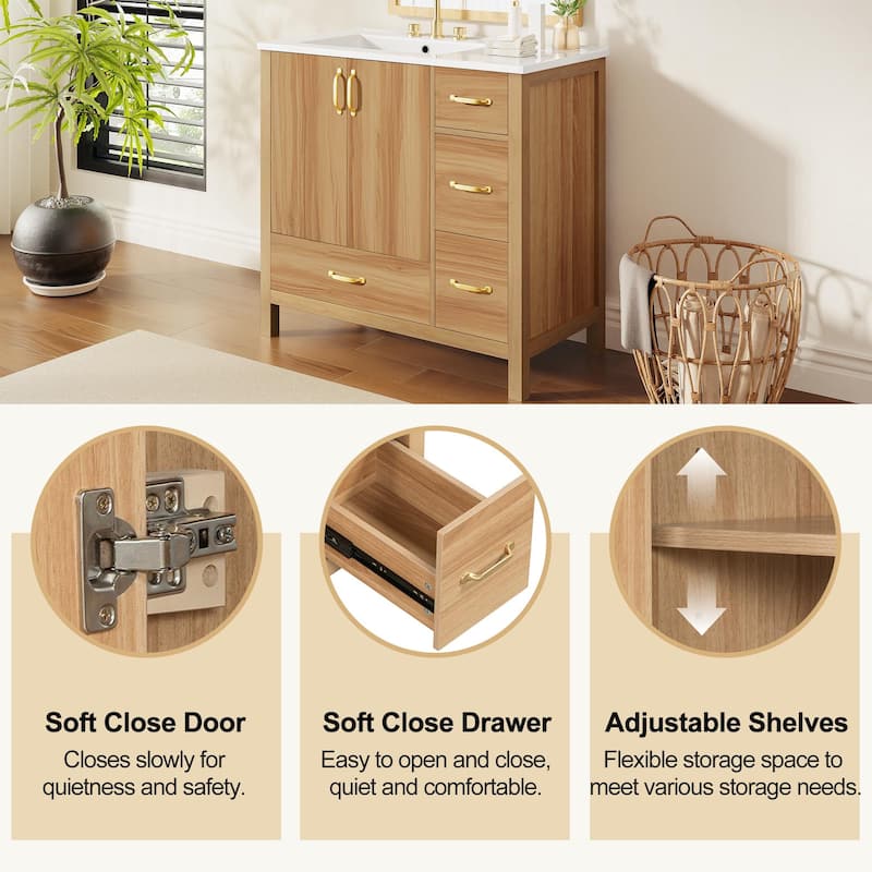 GDFStudio - Verto Wood & Ceramic 36" Bathroom Vanity with Sink, 2 Soft-Close Doors & Shelf