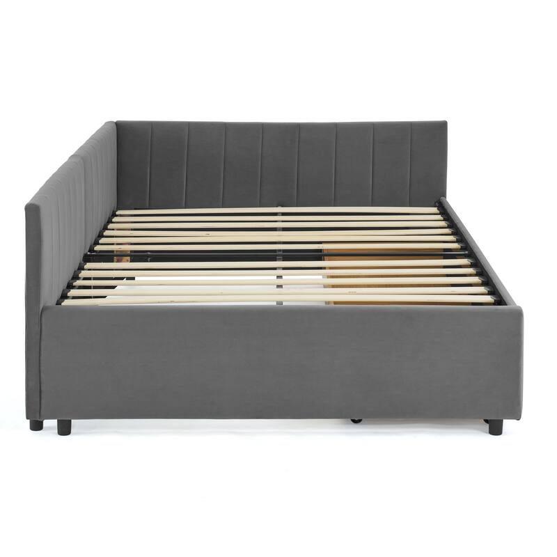 Full Size Upholstered Tufted Daybed with Storage Drawers, Velvet Grey, Comfortable Backrest and Armrests