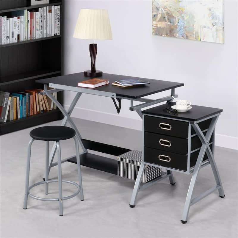 Yaheetech Adjustable Drafting TableStation Desk with Stool