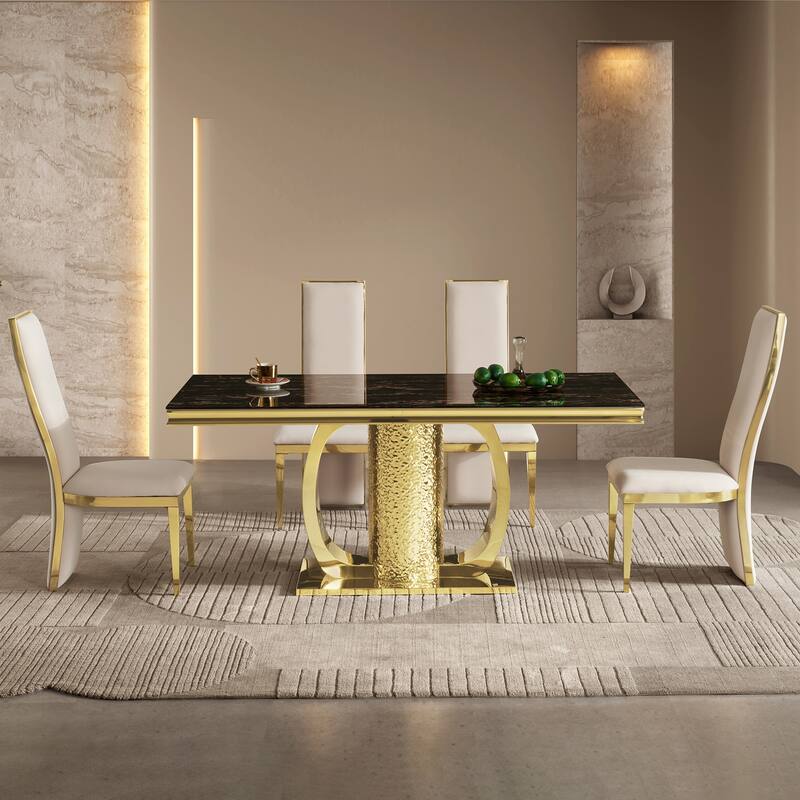 Gold stainless steel dining table 70.08 inch black tempered glass top with sticker