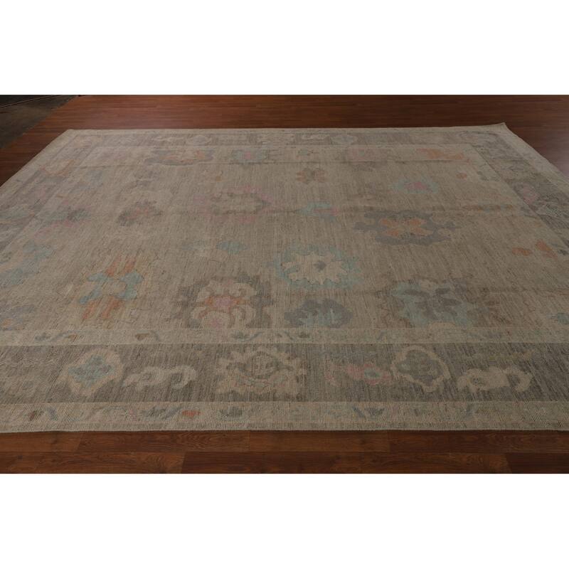 Vegetable Dye Oushak Turkish Area Rug Hand-Knotted Beige Wool Carpet - 9'3"x 12'5"