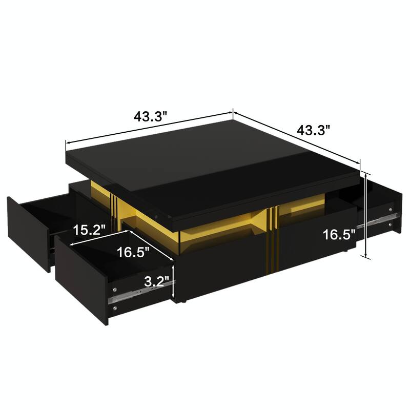 Modern Glossy Square Storage Coffee Table with 4 Drawers