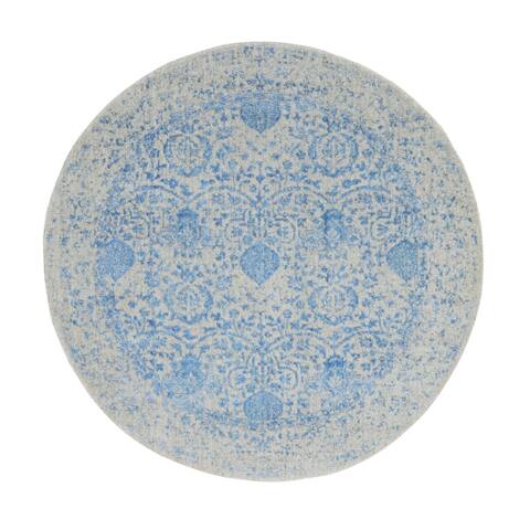 Shahbanu Rugs Blue Jacquard Hand Loomed Wool and Art Silk Pomegranate Design Round Oriental Rug (5'9" x 5'9") - 5'9" x 5'9"