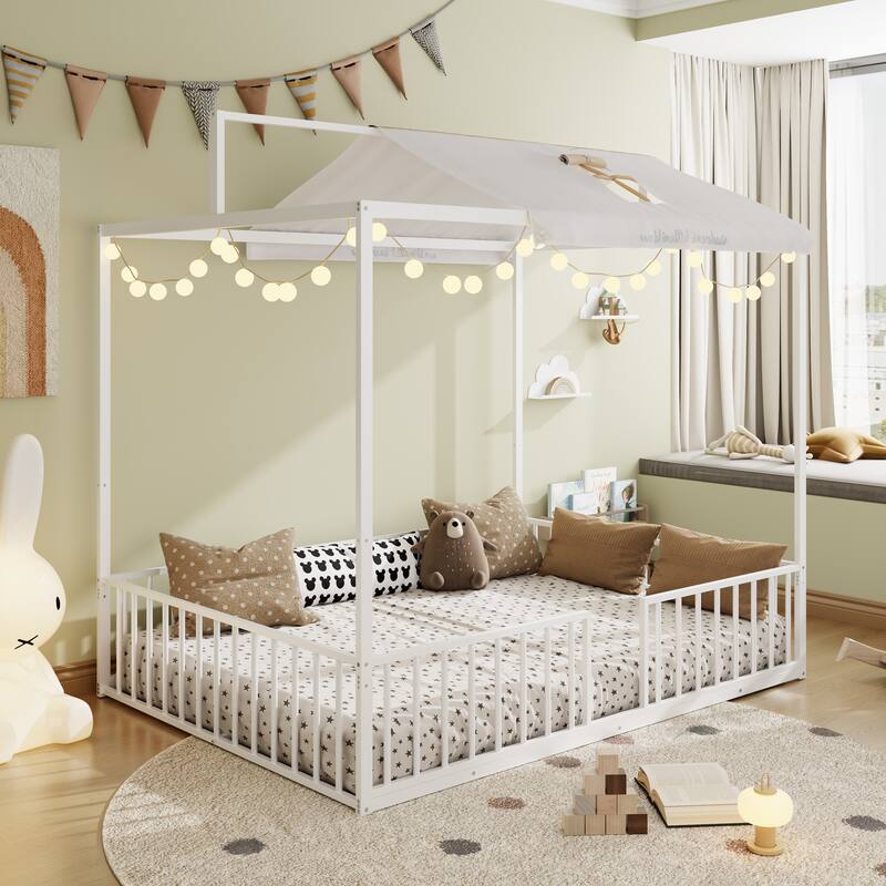 3-in-1 Convertible Metal Bed for Kids, Toddler Floor Bed, Fenced Bed and Montessori Elevated Bed with House-shaped Frame