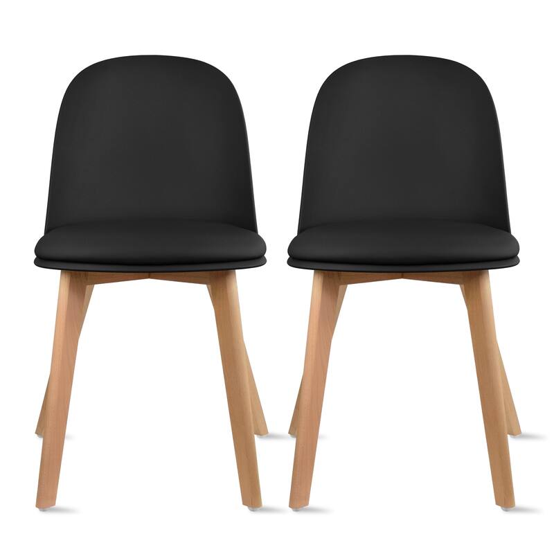 Set of 2 Plastic Dining Chairs Padded Cushion Faux Leather Wooden Legs For Kitchen Waiting Room Outdoor Party