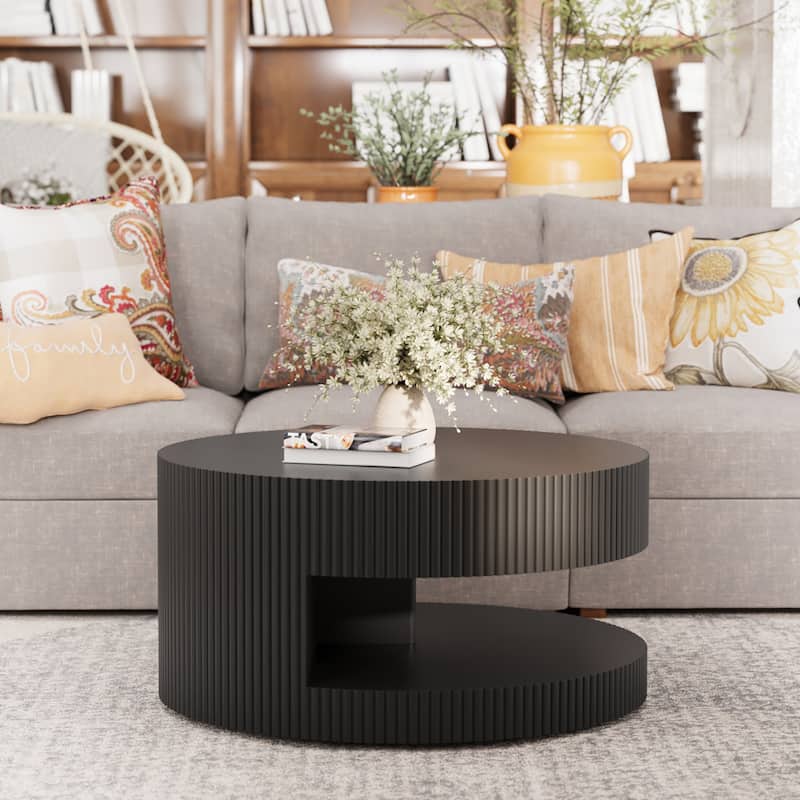 GDFStudio Thalric Round Wood Coffee Table with Storage and Vertical Stripe Design