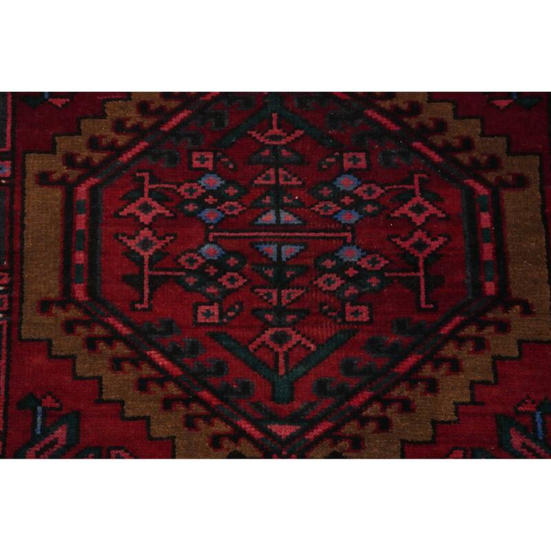 Hand Knotted Oriental 100% Wool Carpet Traditional Geometric Red Ardebil Runner Rug - 10' 6'' X 3' 2''