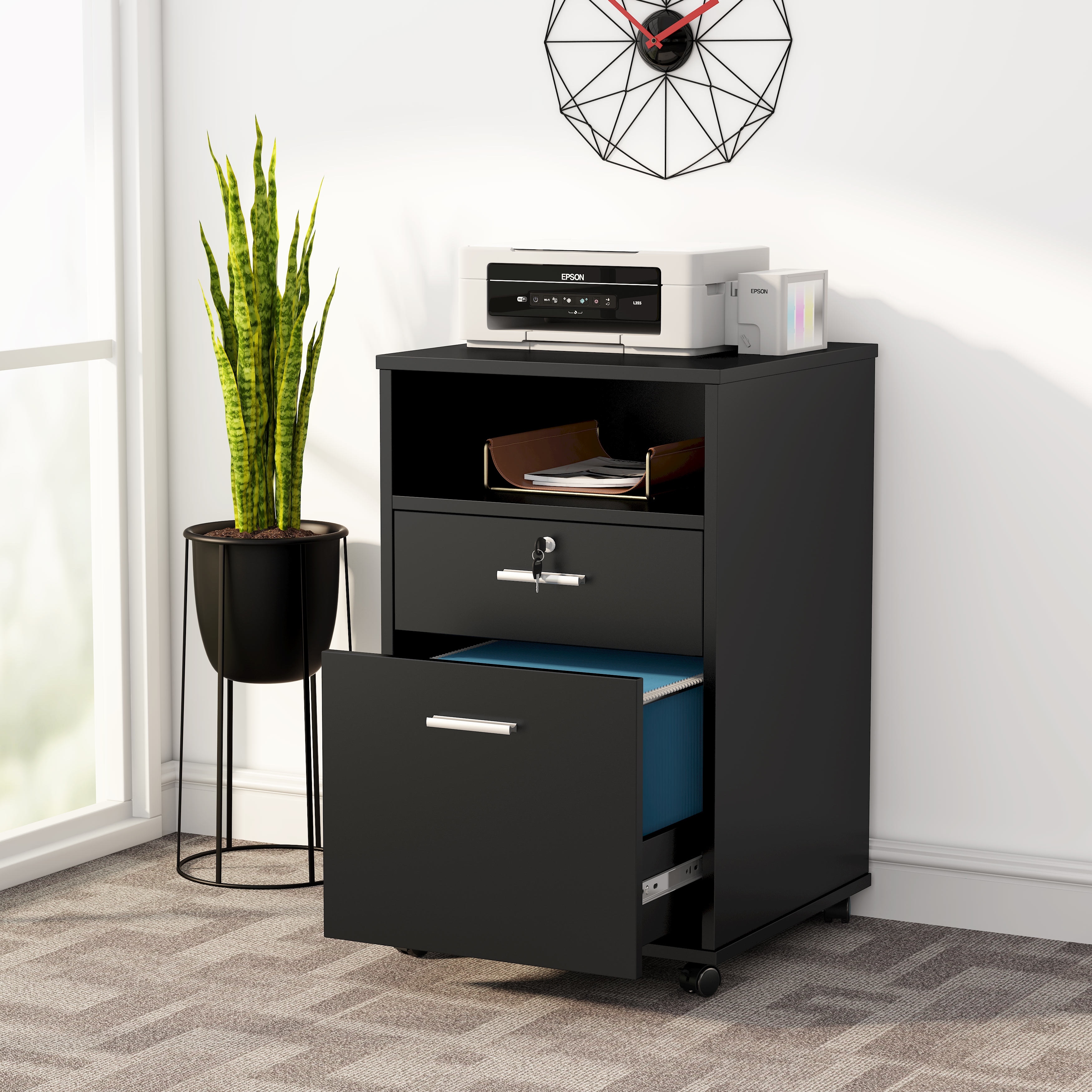 2 Drawer Mobile File Cabinet with Lock, Wood Modern Filing Cabinet