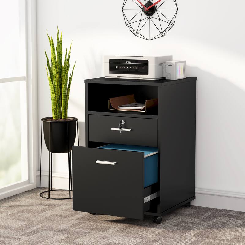 2 Drawer Mobile File Cabinet with Lock, Wood Modern Filing Cabinet - All Black